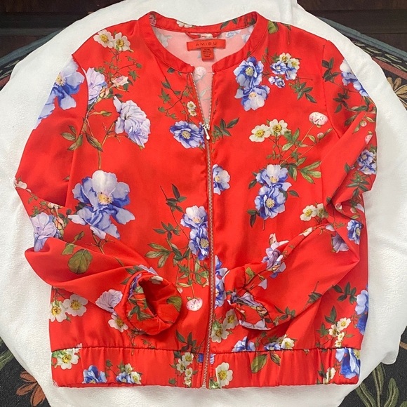 Amisu Jackets & Blazers - Amisu Red Bomber Jacket with Blue Floral Pattern